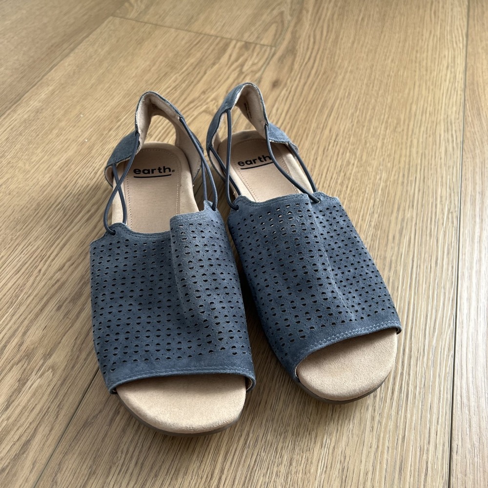 Earth Sandals Womens 8.5 Alder Abra Slip On Blue Leather Casual Peep Toe Comfort